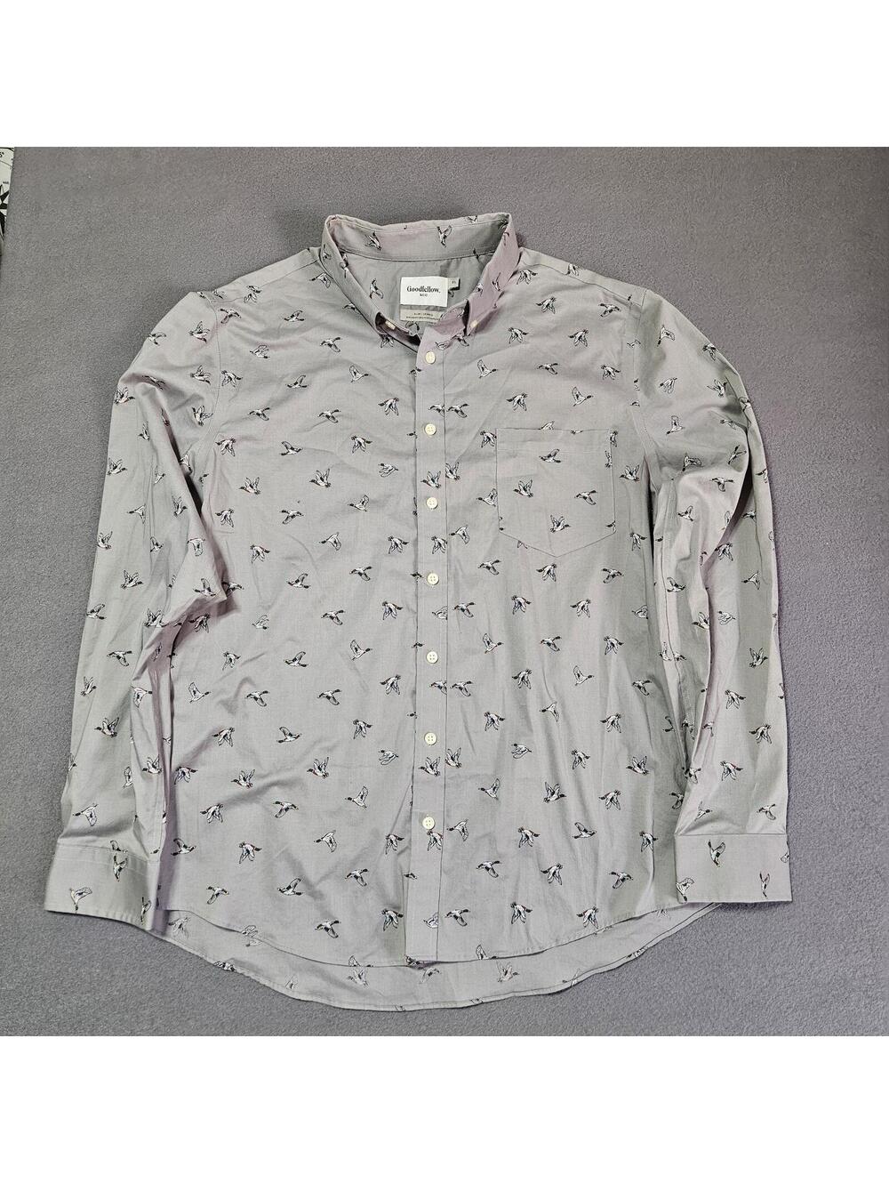 Goodfellow & Co XL Gray Duck Print Slim Fit Button Down Shirt Casual Comfort